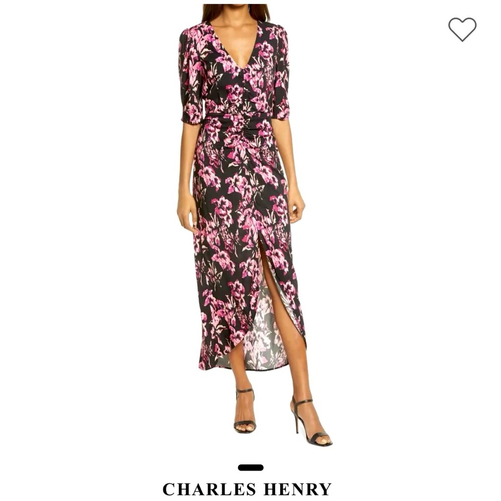 Floral Ruched Tulip Hem Dress-Black